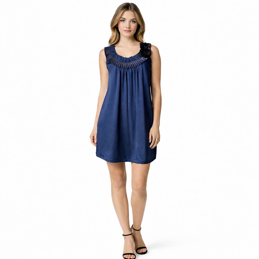 Rare Y2K T-Bags Los Angeles Navy Stretch Satin Mini Dress Floral Appliqué